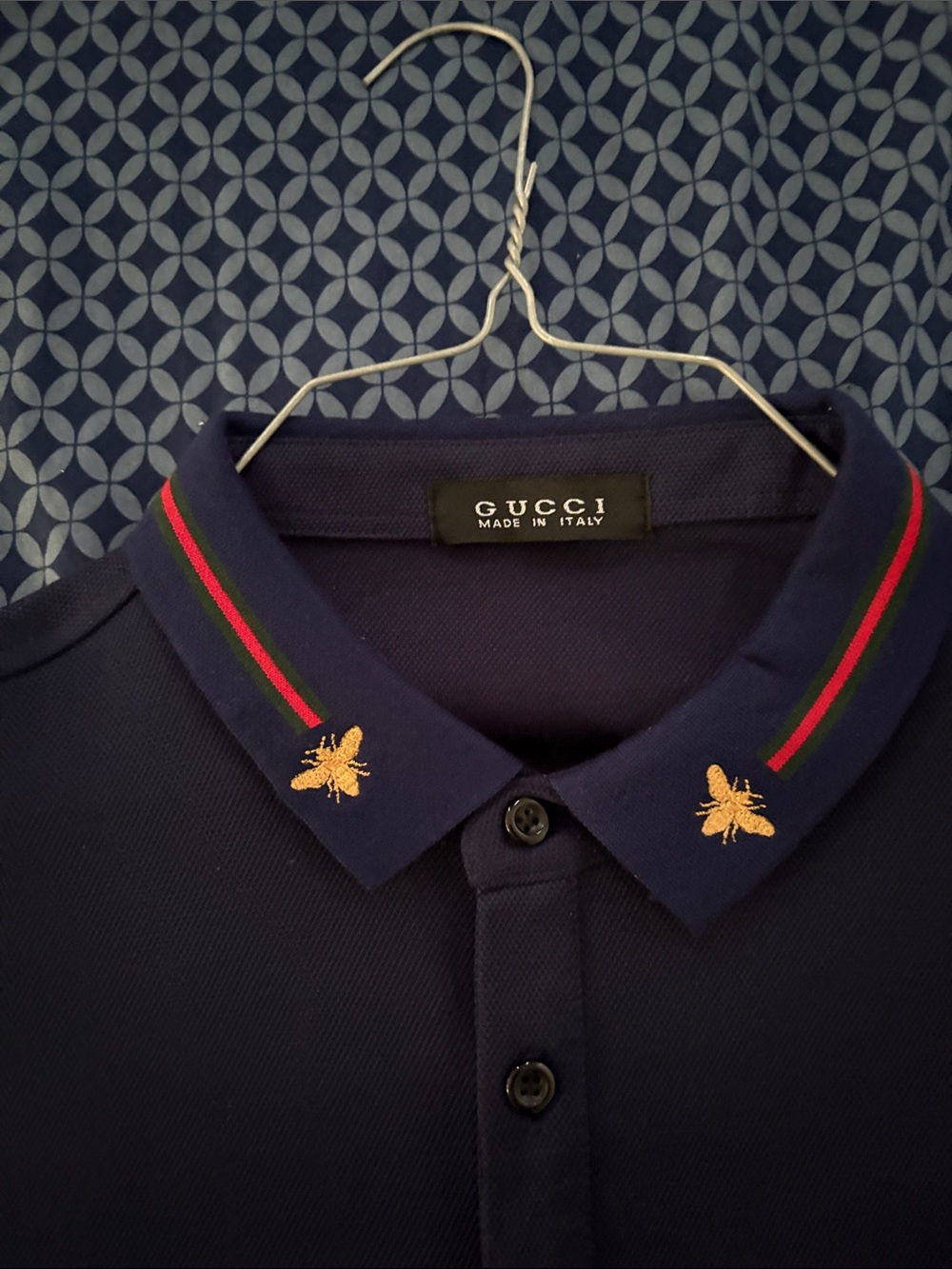 Gucci Navy Long-Sleeve Polo with Embroidered Bee and Contrast Collar - Picture 2 of 2